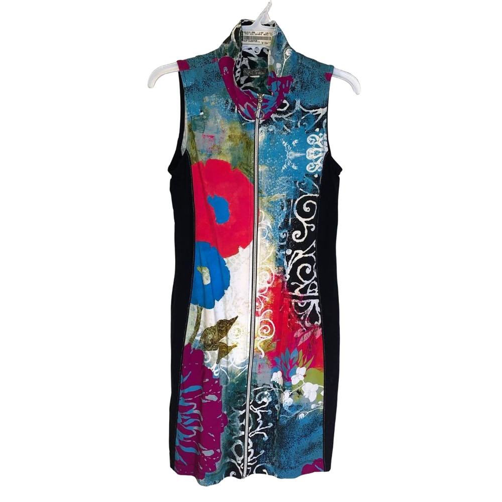 Simply Art by Dolcezza Womens Floral Shift Dress Size S Full Zip Colorful Mod